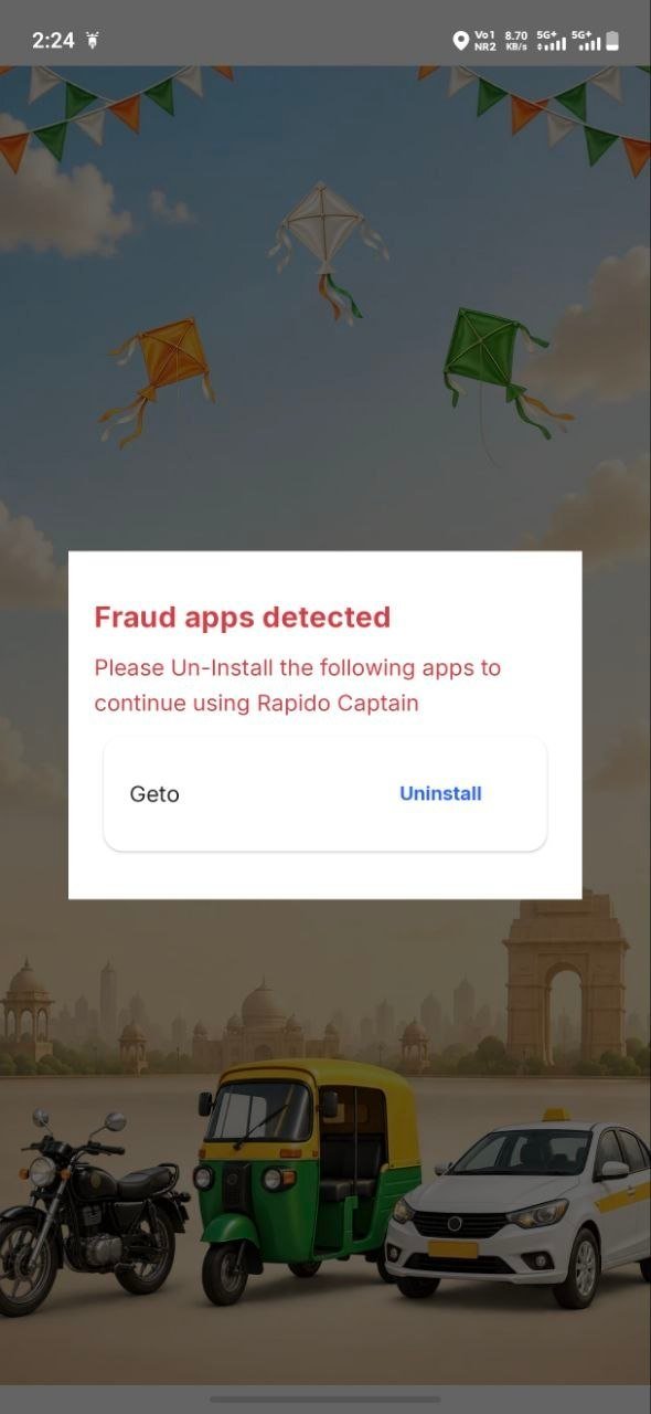 Getto error screenshot in Rapido Captain app
