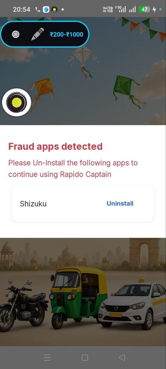 Shizuku error screenshot in Rapido Captain app